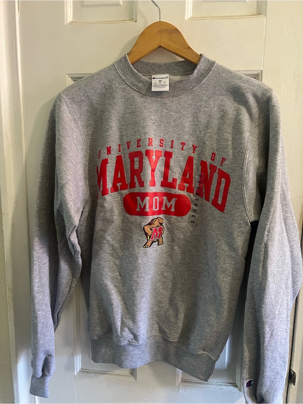 Champion Gray University of Maryland Mom Crew Sweatshirt with Red Graphics